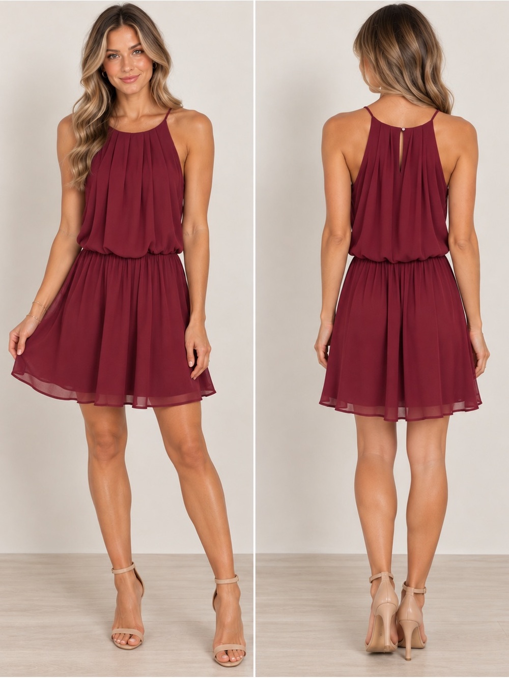 Blue Rain Size M Burgundy Wine Pleated Flowy Midi Dress